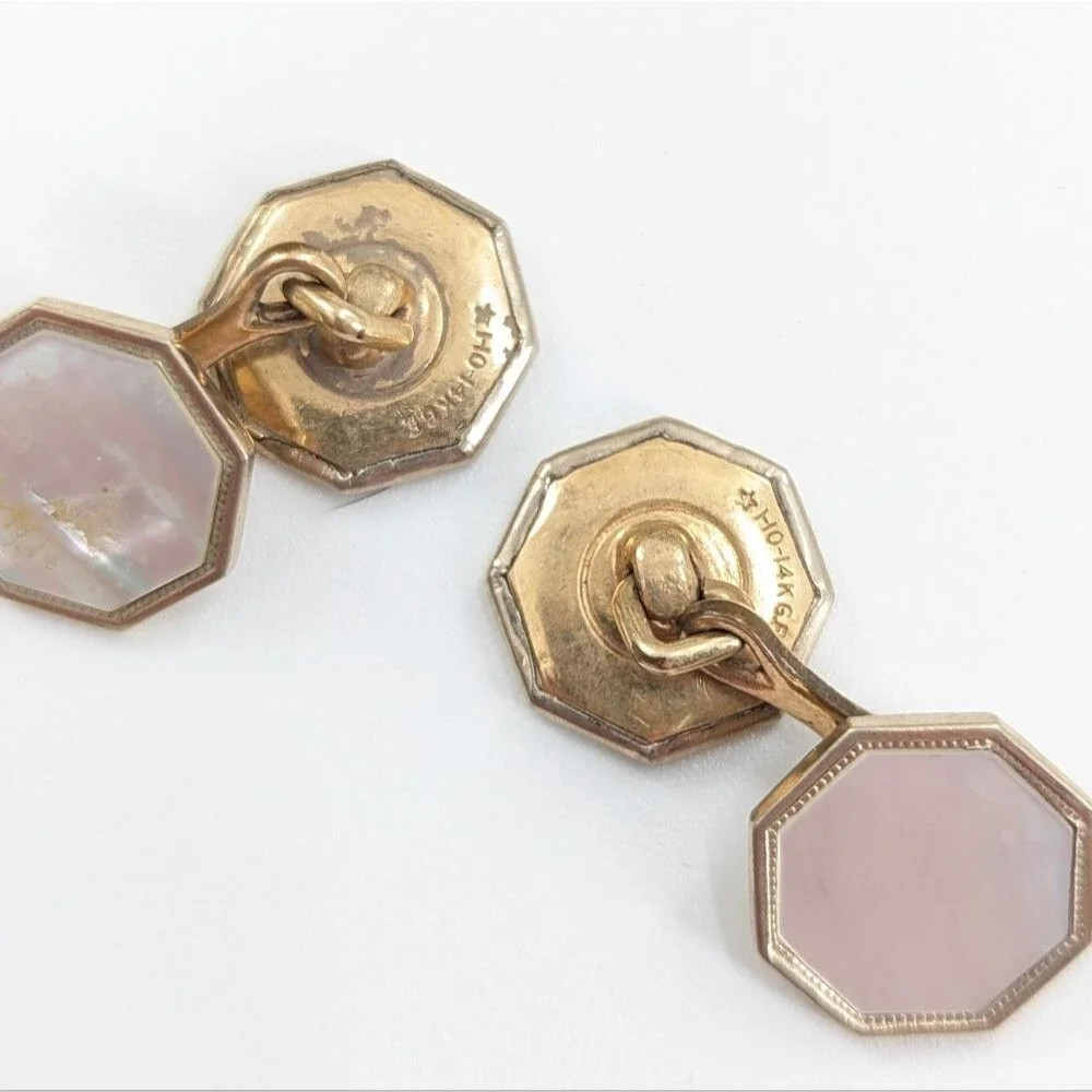 14K Gold Electroplated Mother of Pearl Cufflinks and Tie Tack Set Signed